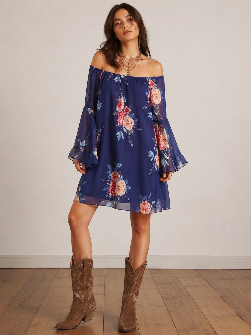 90s VTG Jody California Blue Floral Mesh Angel Sleeve Dress Size L